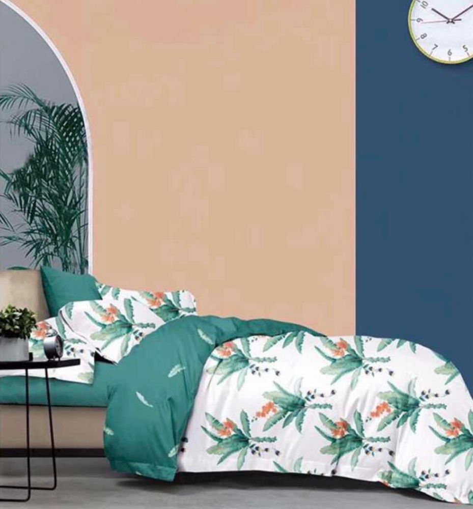 ZEPHYR HOME КПБ Двуспалка ЕВРО Сатин Белый с зеленым