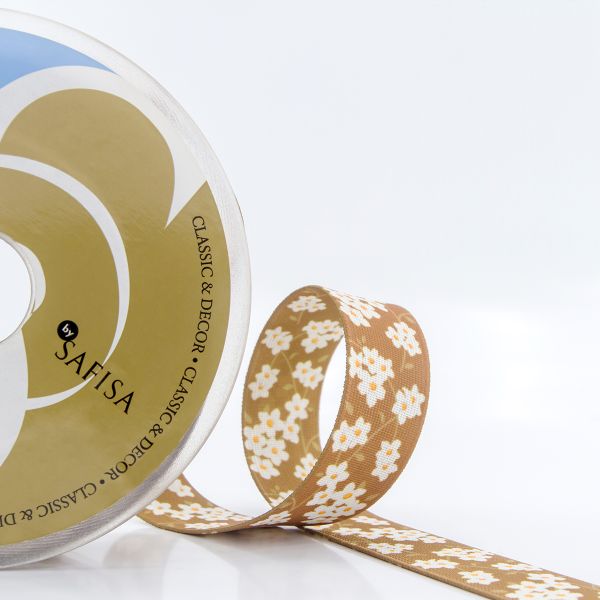 Резинка декоративная 30 мм / 10 метров, горчичный (цветы), Safisa (Spiral)
