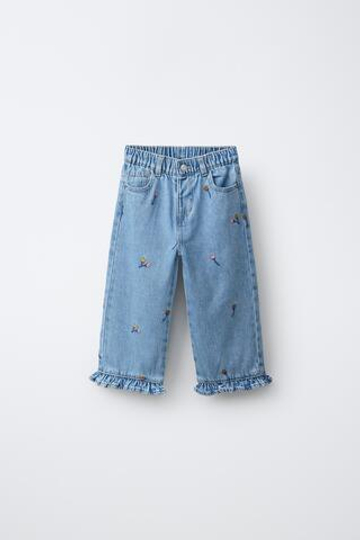 ZARA ДЖИНСЫ-КЮЛОТЫ С ВЫШИВКОЙ И ВОЛАНАМИ, ГОЛУБОЙ