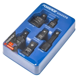 Набор адаптеров ударных 6пр(3/8''(F)x1/2''(M),1/2''(F)x3/8''(M),1/2''(F)x3/4''(M),3/4''(F)x1/2''(M),удлинитель 125мм, кардан 1/2''),в ложементе Forsage F-4068MPB
