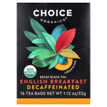 Choice Organics, черный чай, «английский завтрак», без кофеина, 16 чайных пакетиков, 32 г (1,12 унции)