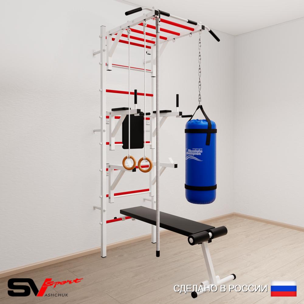 Шведская стенка Sv Sport 5643 (Турник рукоход/Брусья/Стойка/Скамья/Канат/Кольца/Цепь/Мешок 30кг)