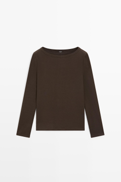 Massimo Dutti Футболка с длинными рукавами и вырезом лодочкой, коричневый