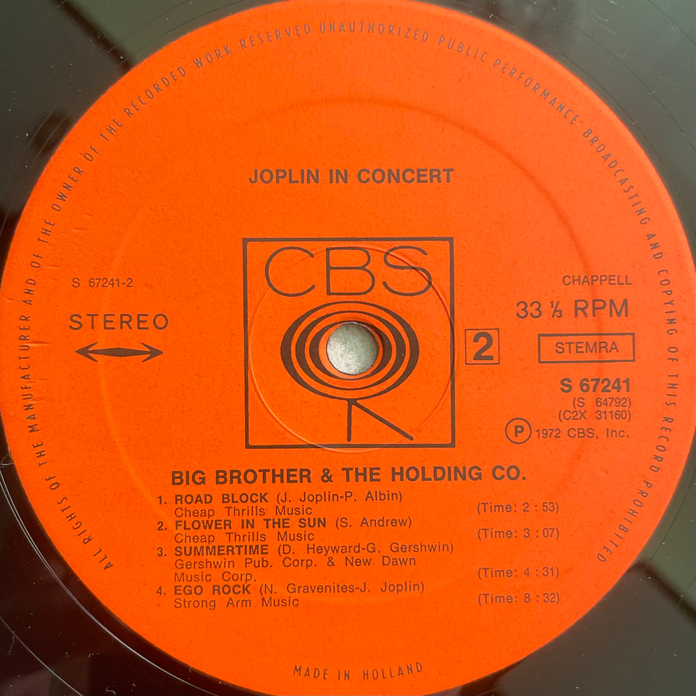 Janis Joplin - Joplin In Concert 2LP (Голландия 1972г.)