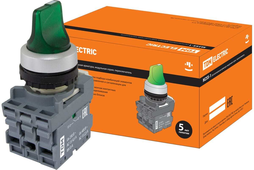 Переключатель на 3 полож с фиксацией M3SS1-21G кор/ ручка(LED) d22мм/220B 1з+1р зел/ TDM SQ0747-0075