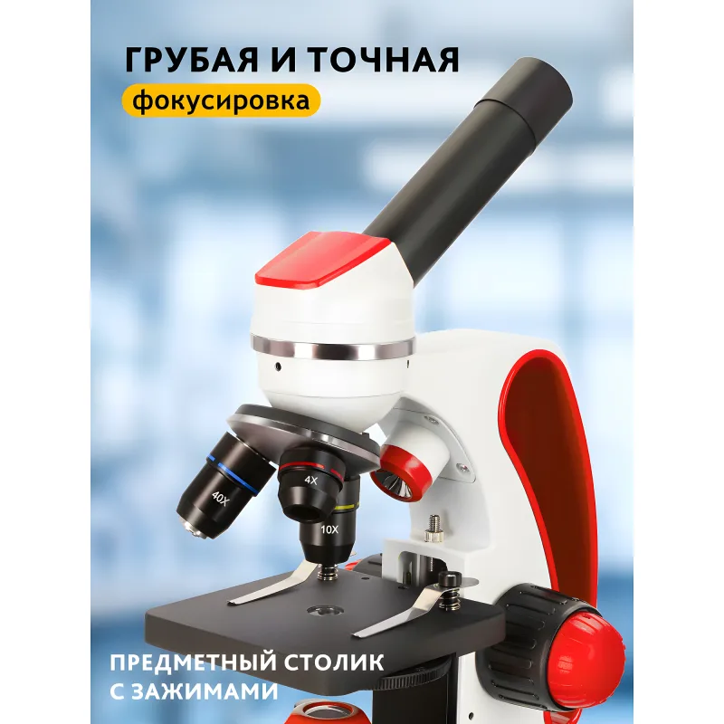 Микроскоп Levenhuk Discovery Pico Terra с книгой - предметный столик с металлическими зажимами и ручки фокусировки