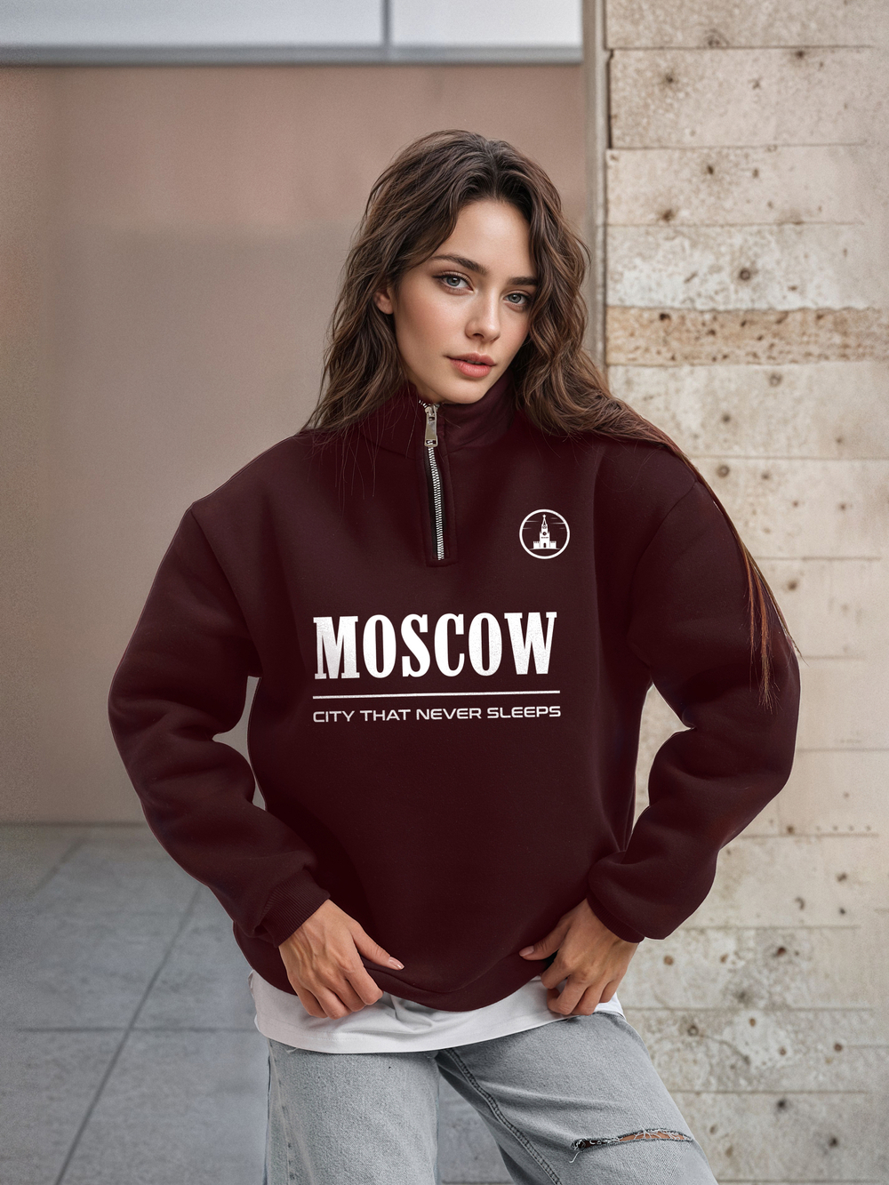 Толстовка женская с зип-воротником "Moscow" бордо