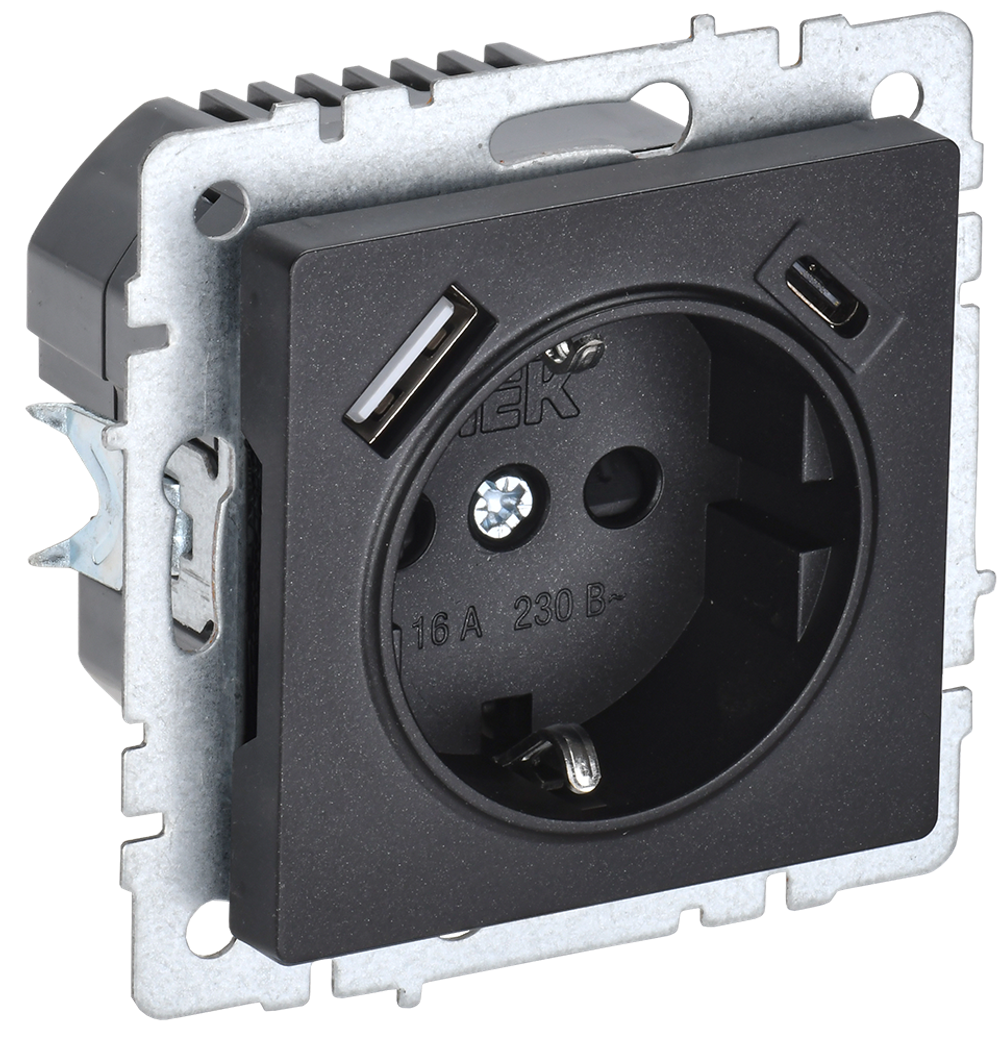 BRITE Розетка 1-местная с заземлением с защитными шторками 16А с USB A+C 18Вт РЮш11-1-БрЧ черный IEK