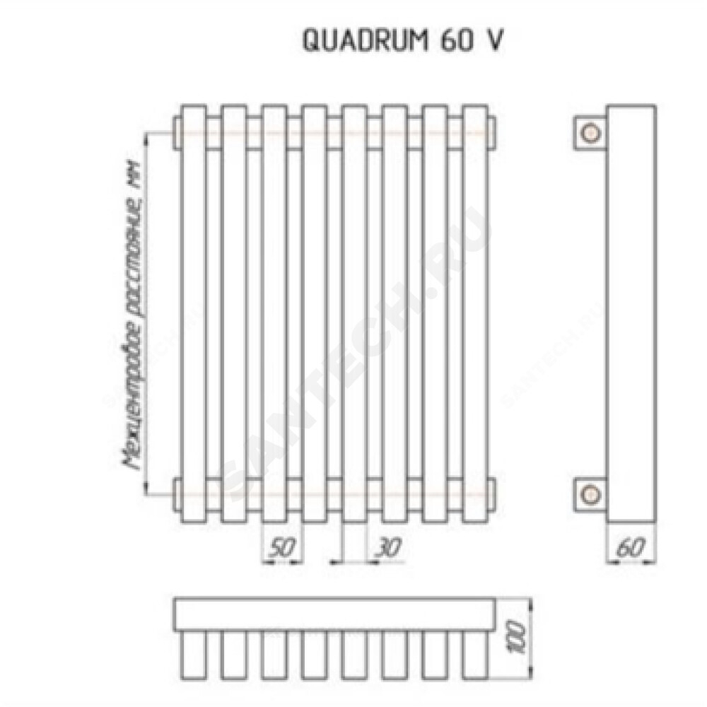 Радиатор трубчатый QUADRUM 60 V 1-1750 10 секций с боковой подводкой ВР G 1/2" 1T103S9005 (черный матовый муар) КЗТО
