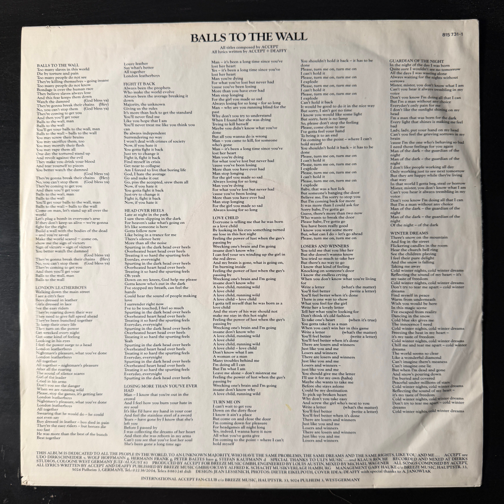 Accept ‎– Balls To The Wall (Голландия 1983г.)