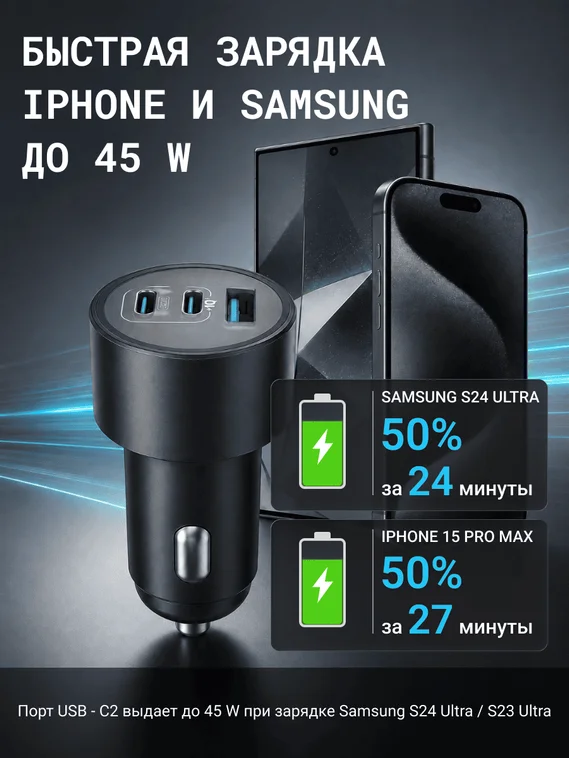 Автомобильное зарядное устройство Anker Nano 167.5W, 3-х портовая (A2737) черный (Black)