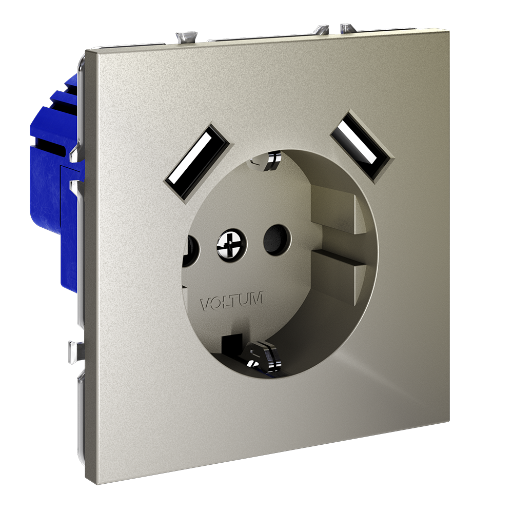 Розетка встраиваемая VOLTUM S70 с заземлением и защитными шторками, 16А, с USB, A+A, (шелк)