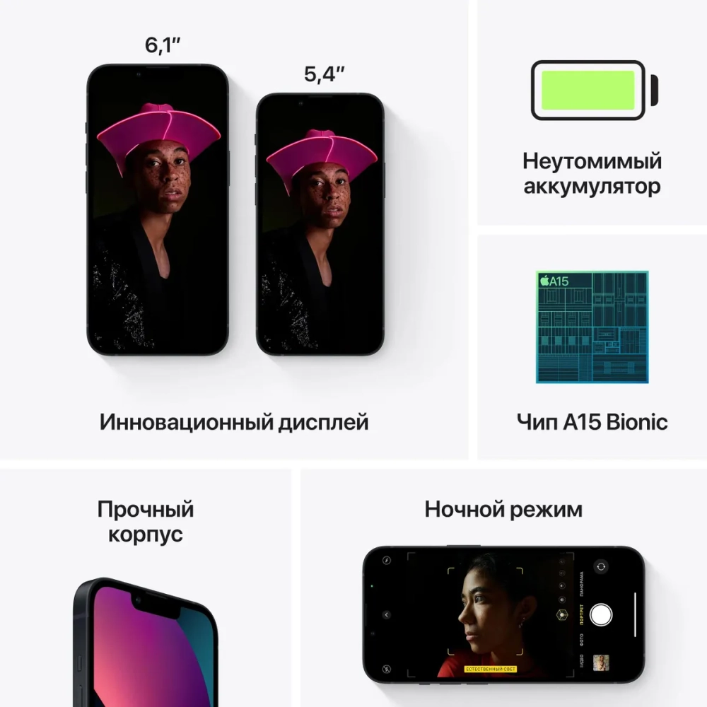 Смартфон Apple A2633 iPhone 13 128Gb 4Gb темная ночь моноблок 3G 4G 1Sim 6.1" 1170x2532 iOS 16 12Mpix 802.11 a/b/g/n/ac/ax NFC GPS GSM900/1800 GSM1900 Protect