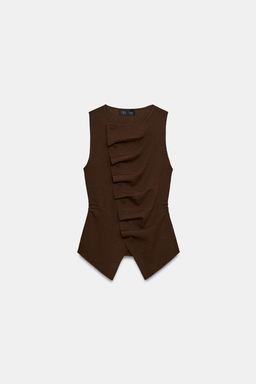 ZARA ТРИКОТАЖНЫЙ ТОП СО СБОРКАМИ, КОРИЧНЕВЫЙ