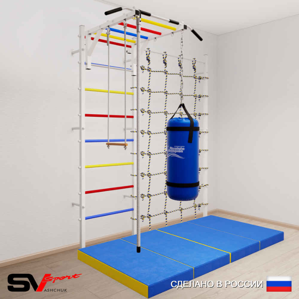 Шведская стенка Sv Sport усиленная 63570 (Турник рукоход/Канат/Трапеция/Цепь/Мешок 30кг/Мат 2м/Канатный лаз)