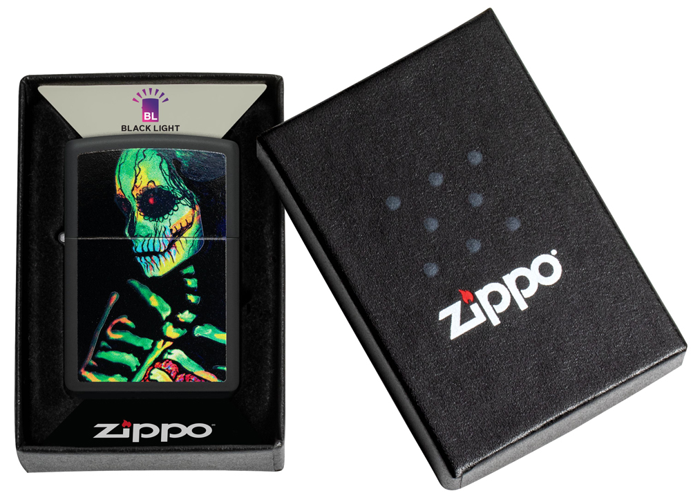 Зажигалка Zippo Skeleton Design с покрытием Black Light, латунь/сталь, черная, матовая, 38x13x57 мм