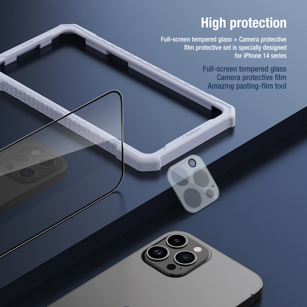 Стекло на экран и защитные линзы на камеру от Nillkin для iPhone 14 Pro, (комплект 2 в 1) серия 2-in-1 HD Full Screen Tempered Glass Screen Protector