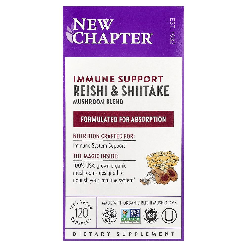 New Chapter, Immune Support, смесь грибов рейши и шиитаке, 120 веганских капсул