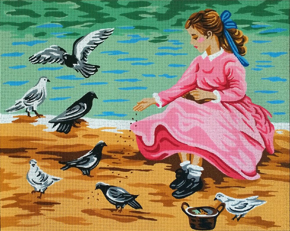 Рисунок для вышивания Soulos (канва жесткая), Голуби и девочка, 60х45 см