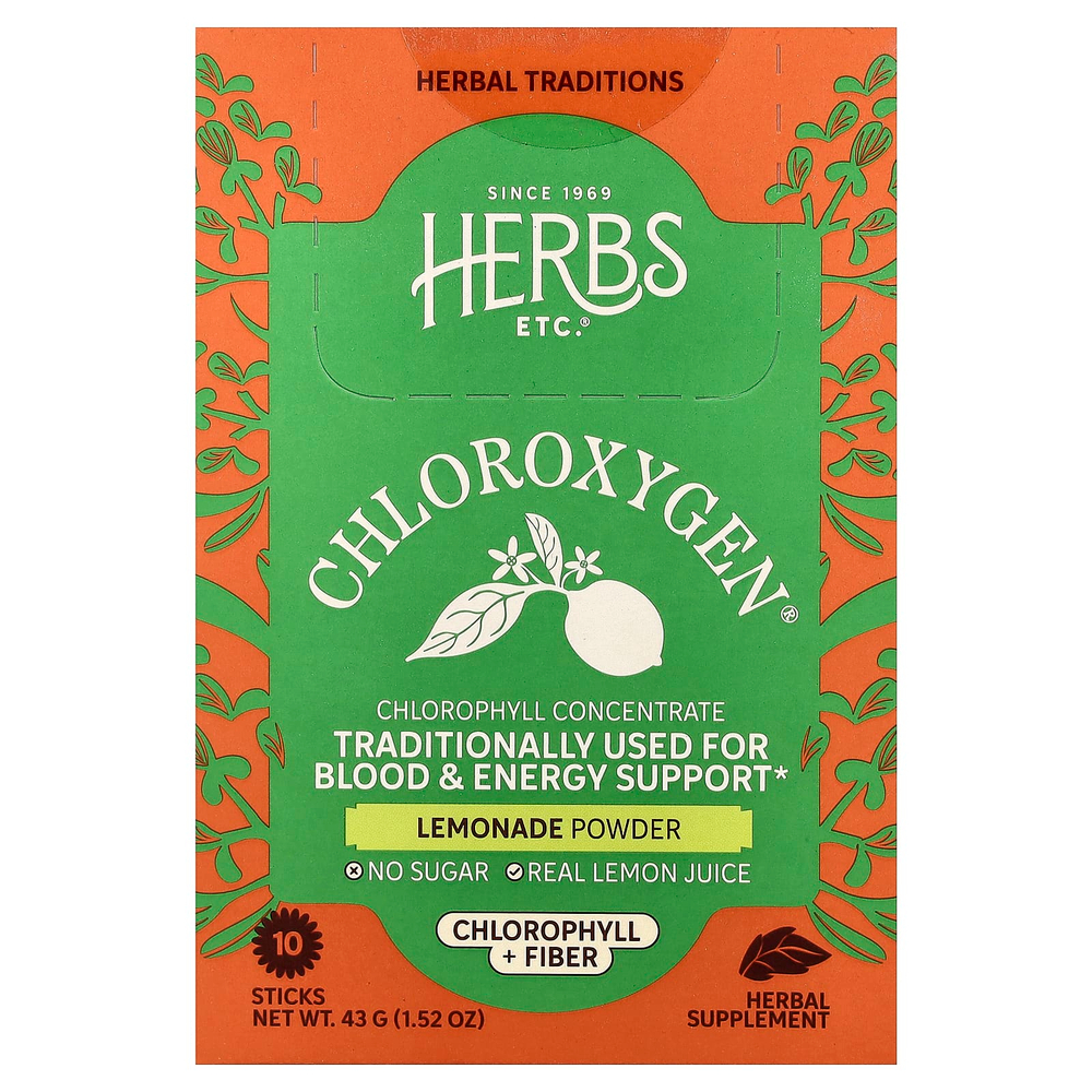 Herbs Etc., ChlorOxygen®, порошок из хлорофилла и клетчатки, со вкусом лимонада, 10 стик-пакетов по 4,3 г (0,15 унции)
