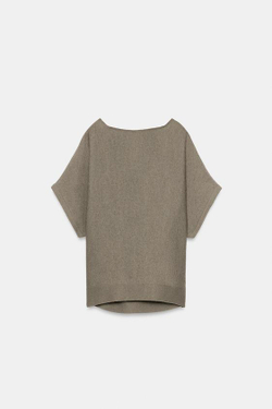 ZARA ТРИКОТАЖНЫЙ ТОП С ДРАПИРОВАННЫМ ВЫРЕЗОМ НА СПИНКЕ, СЕРО-КОРИЧНЕВЫЙ