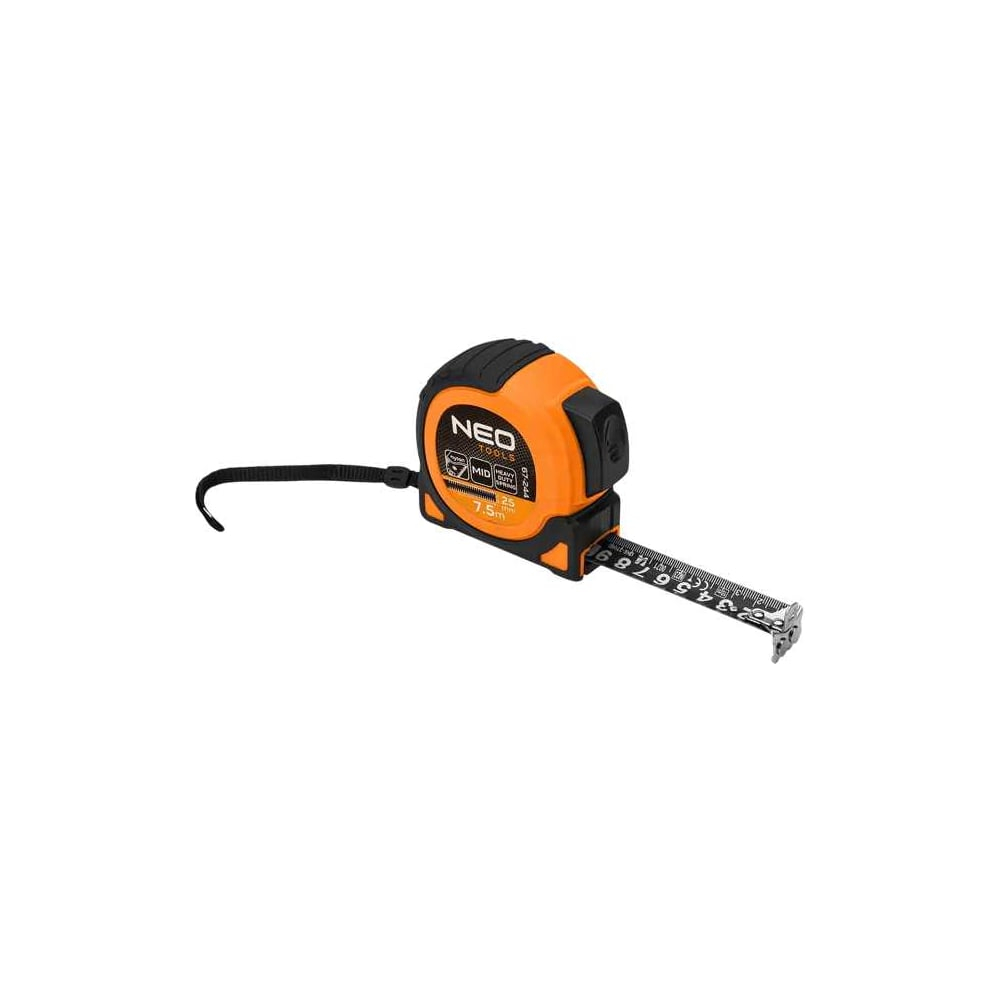Стальная рулетка NEO TOOLS Super Black 7.5 м, 25 мм, автоблокировка, две кнопки остановки, магнит 67-244