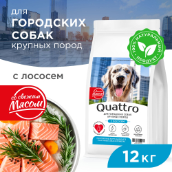 Корм сухой для взрослых собак крупных пород, премиум полнорационный комплекс, для городских собак, с лососем, 12 кг, QUATTRO