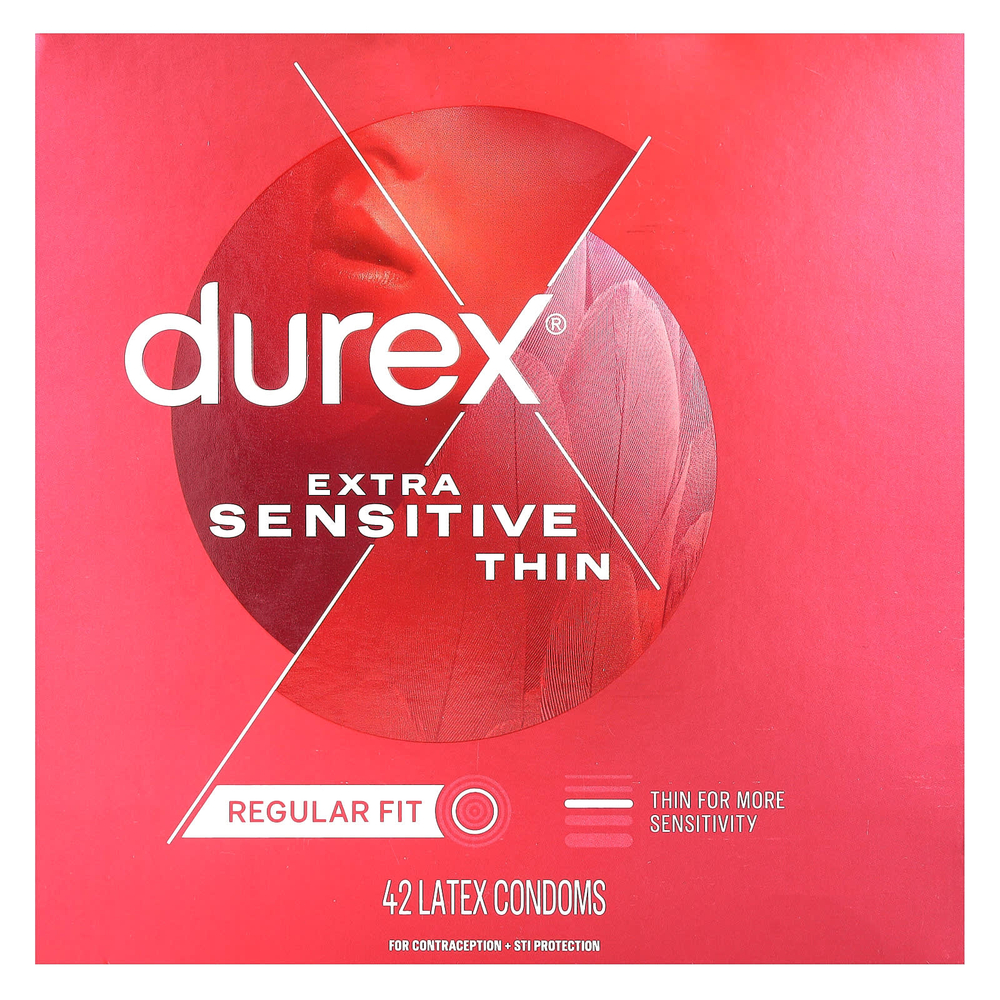 Durex, для экстра чувствительности, тонкие, обычного размера, 42 латексных презерватива