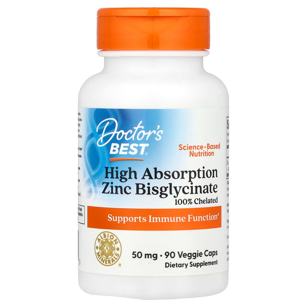 Doctor's Best, легкоусвояемый бисглицинат цинка, на 100% в хелатной форме, 50 мг, 90 вегетарианских капсул