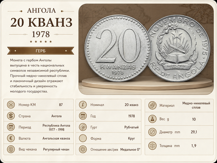 Ангола 20 кванз, 1978 Герб XF