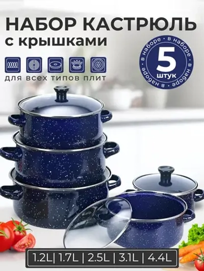 Утяжелённый набор синих эмалированных кастрюль с крышками