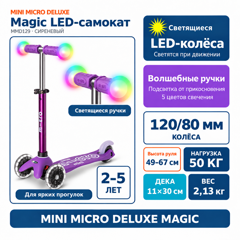 Самокат Mini Micro Deluxe Magic LED сиреневый