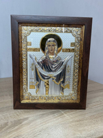 Покрова БМ, икона прямоугольная в рамке под стеклом, красный киот 170х210