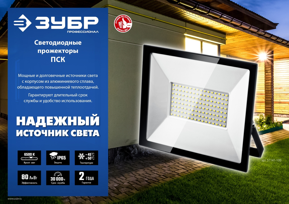 ЗУБР ПСК-100, 100 Вт, 6500 К, IP 65, светодиодный прожектор, Профессионал (57141-100)