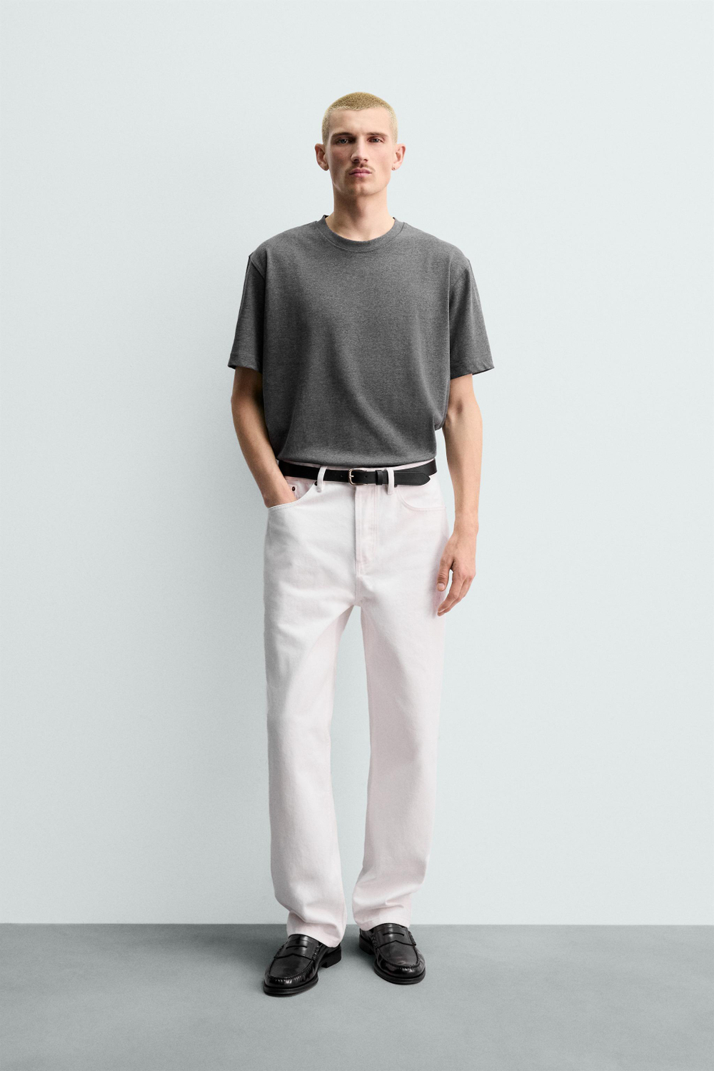 ZARA ХЛОПКОВАЯ ФУТБОЛКА С КОРОТКИМИ РУКАВАМИ, СЕРЫЙ МЕЛАНЖ
