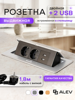 Горизонтальная двойная розетка + 2 USB, серебристая
