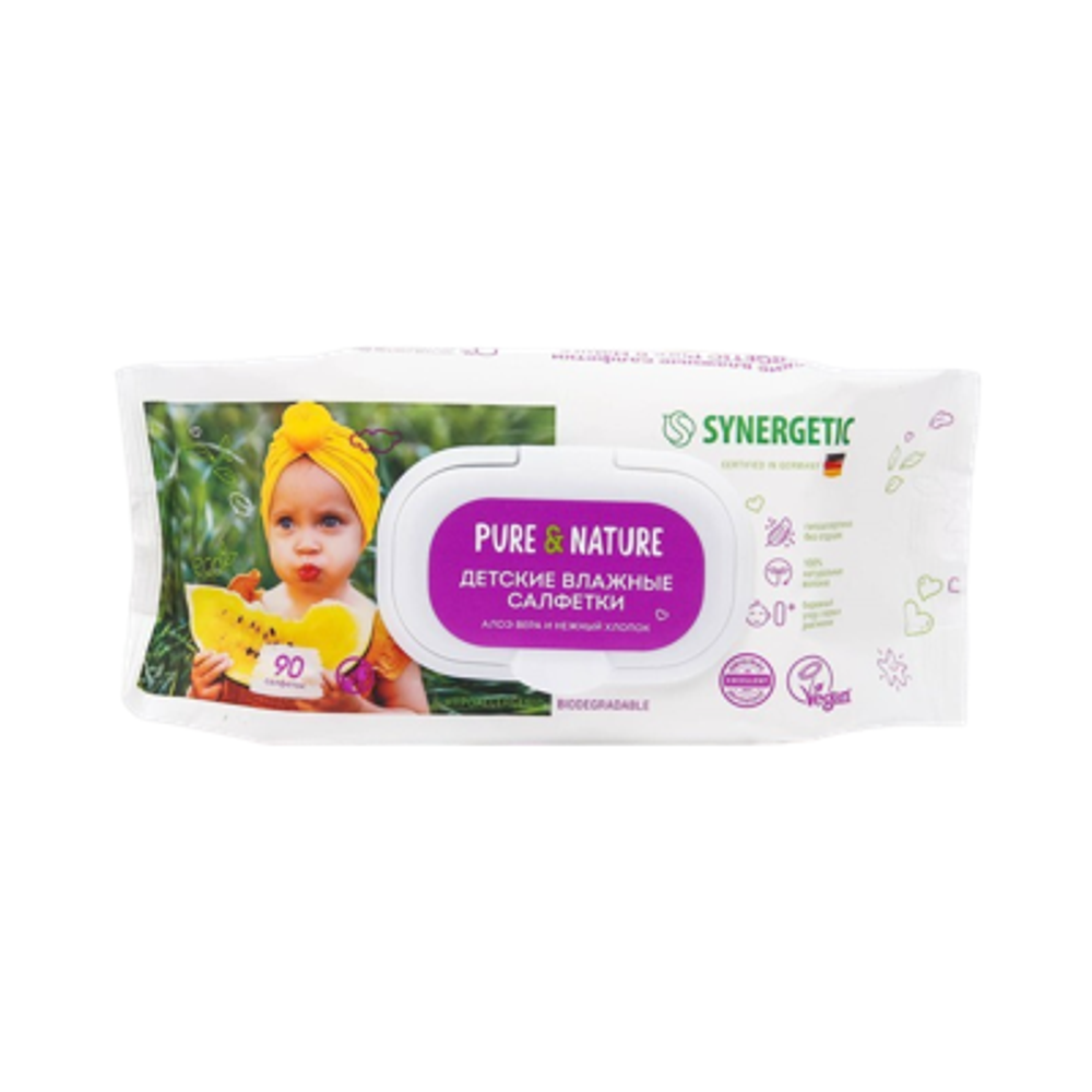 Детские влажные салфетки Synergetic Алоэ вера и нежный хлопок 90шт