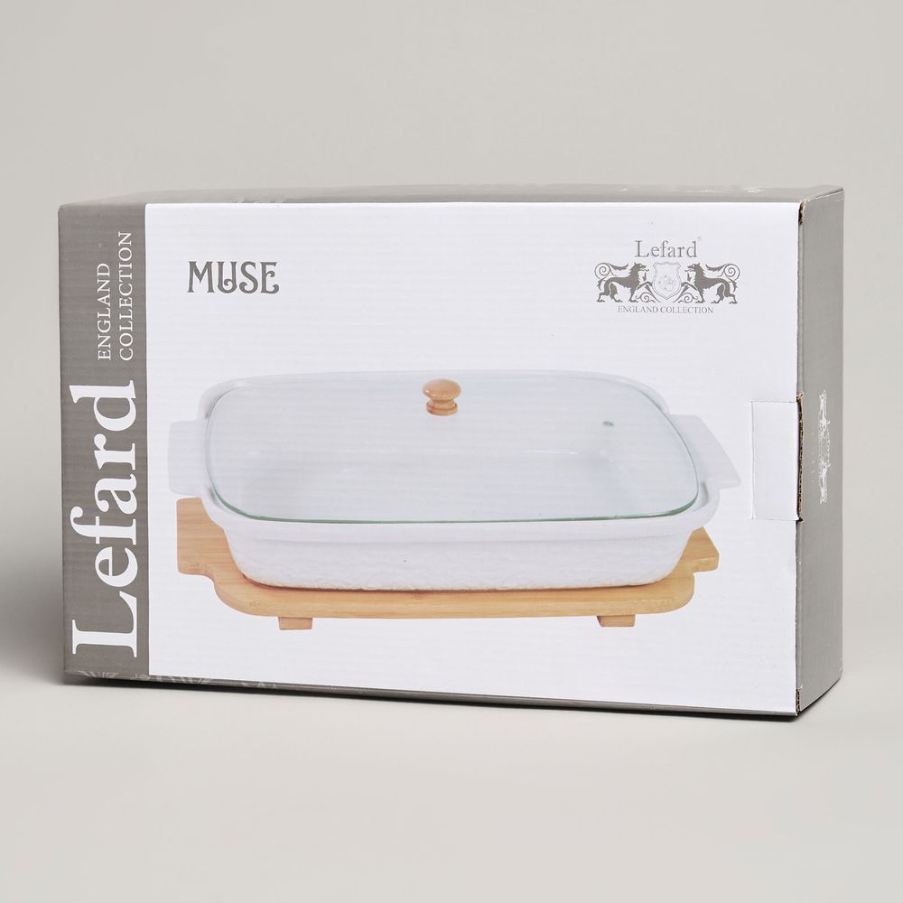 БЛЮДО ДЛЯ ВЫПЕКАНИЯ И СЕРВИРОВКИ LEFARD "MUSE" СО СТЕКЛ.КРЫШКОЙ НА ДЕР.ПОДСТАВКЕ 34,5*21*11СМ 1400МЛ