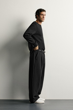 ZARA ФУТБОЛКА REGULAR FIT ИЗ ВАФЕЛЬНОГО ТРИКОТАЖА, ЧЕРНЫЙ