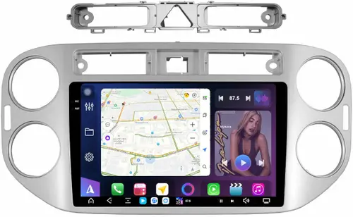 Магнитола для Volkswagen Tiguan 1 2007-2011, Golf Plus (аварийка треугольная, рамка серебро) - FarCar S500-TS20 монитор 9.5" 2K QLED на Android 14, Быстрейшая, CarPlay, 4G SIM-слот