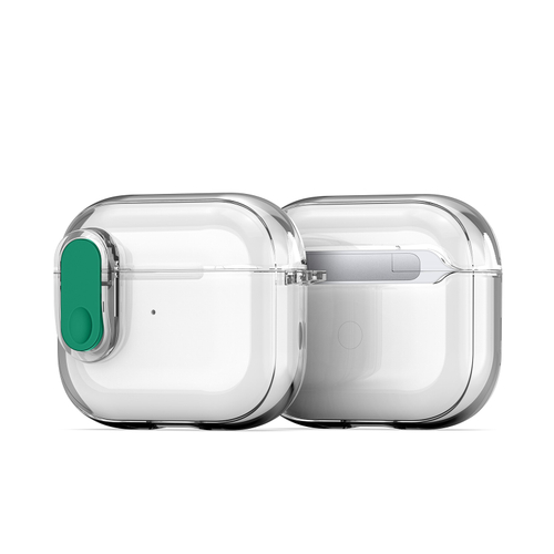 Прозрачный чехол с зеленой кнопкой для наушников AirPods 3, серия PECL Series от Dux Ducis, в комплекте с карабином