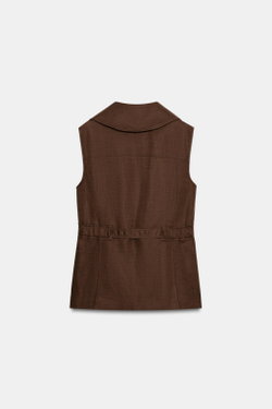 ZARA ЛЬНЯНОЙ ЖИЛЕТ С ПОЯСОМ, КОРИЧНЕВЫЙ