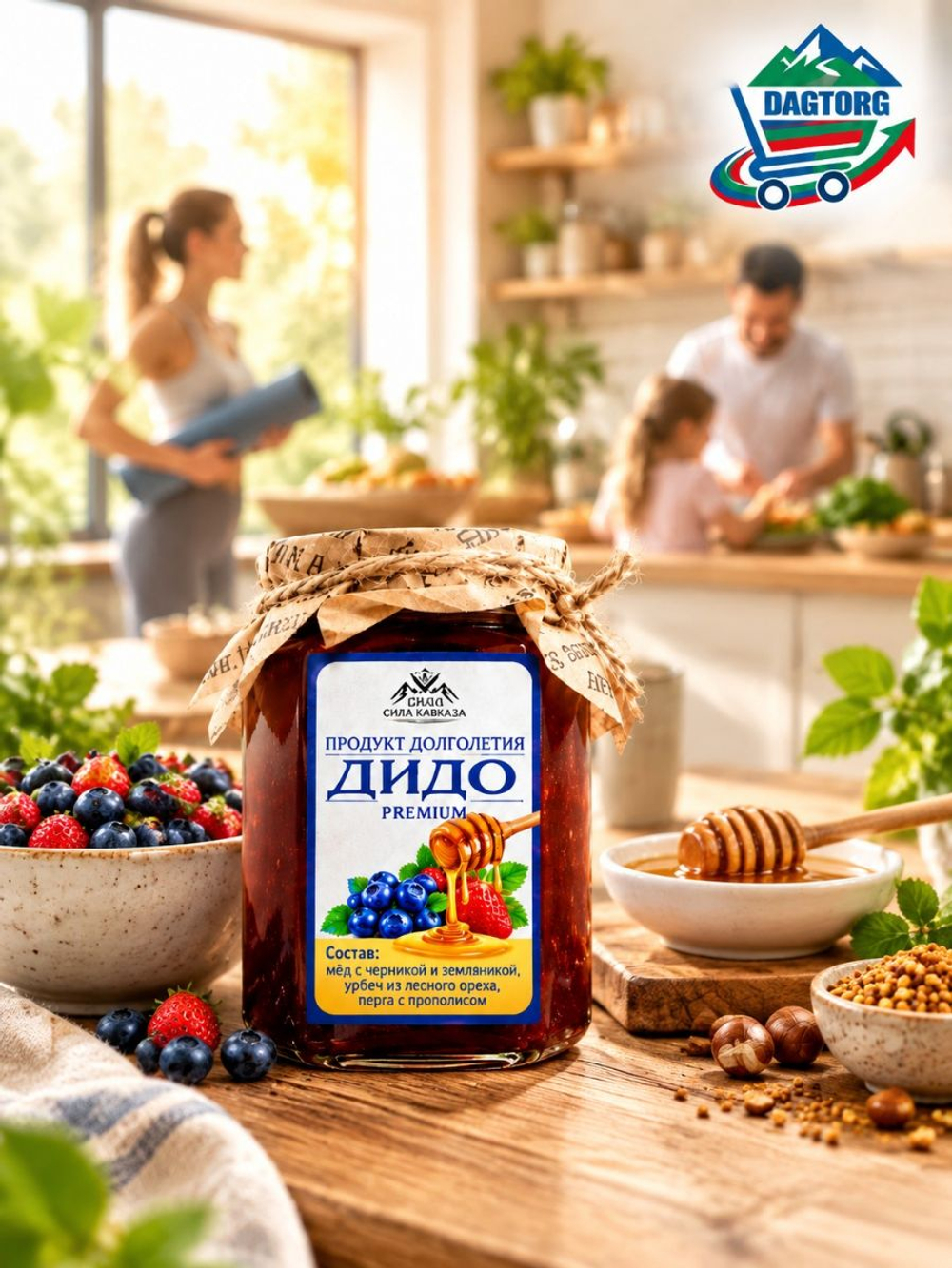 Дагестанский Продукт долголетия ДИДО Premium, 220 г (мёд с черникой и земляникой, урбеч из лесного ореха, перга с прополисом)