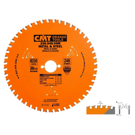 Диск пильный сухой рез CMT 235 x 30 x 2,2 / 1,8 0 градусов FWF Z 48 2800 об/мин для стали 226.048.09M