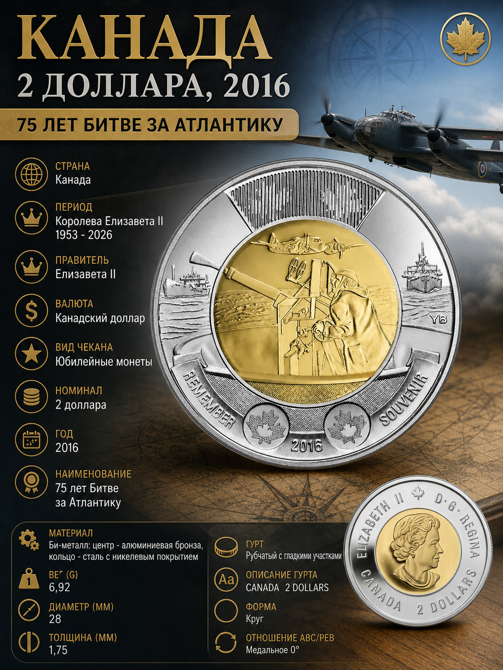 Канада 2 доллара, 2016 75 лет Битве за Атлантику UNC