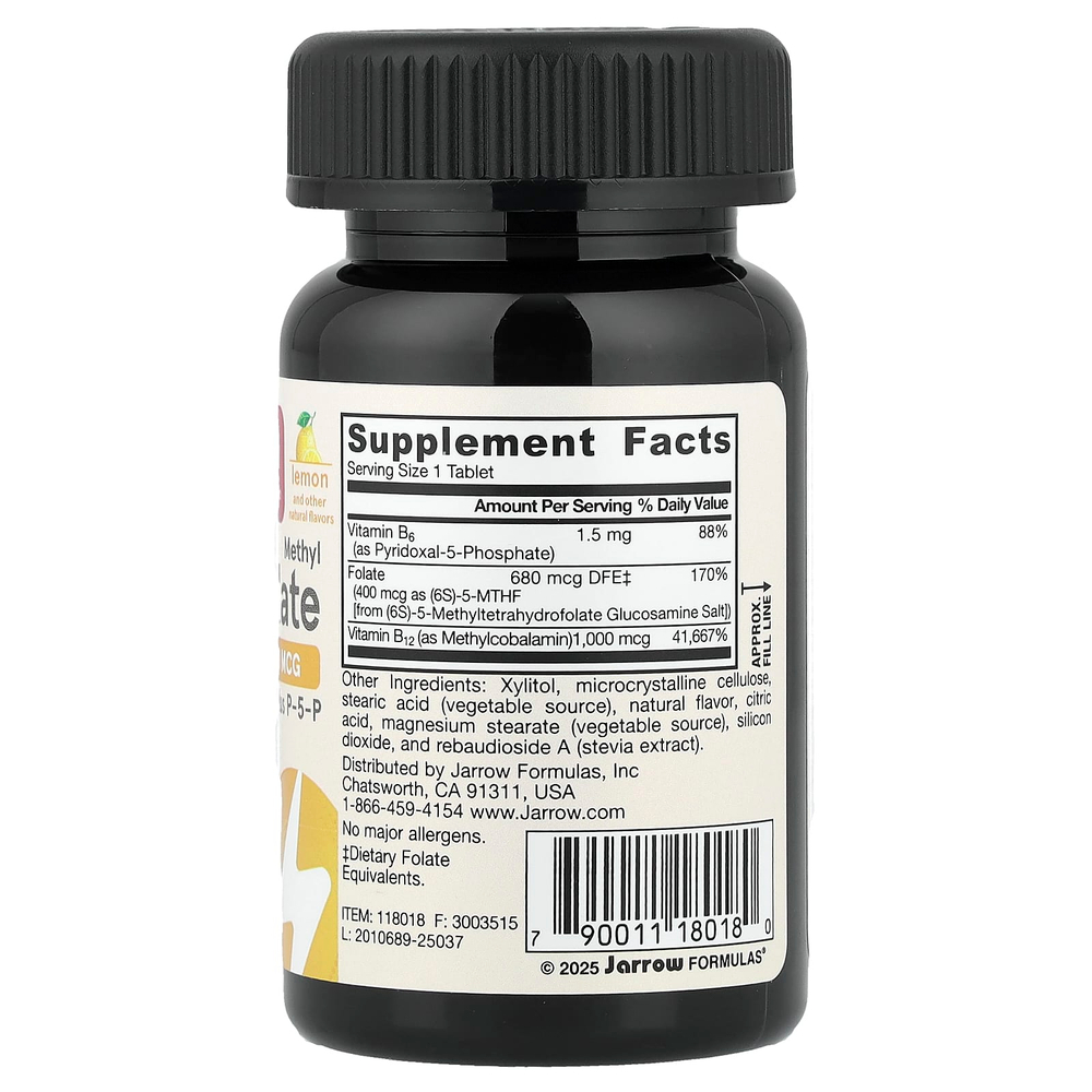 Jarrow Formulas, веганский метил B12 и метилфолат, лимон, 100 жевательных таблеток