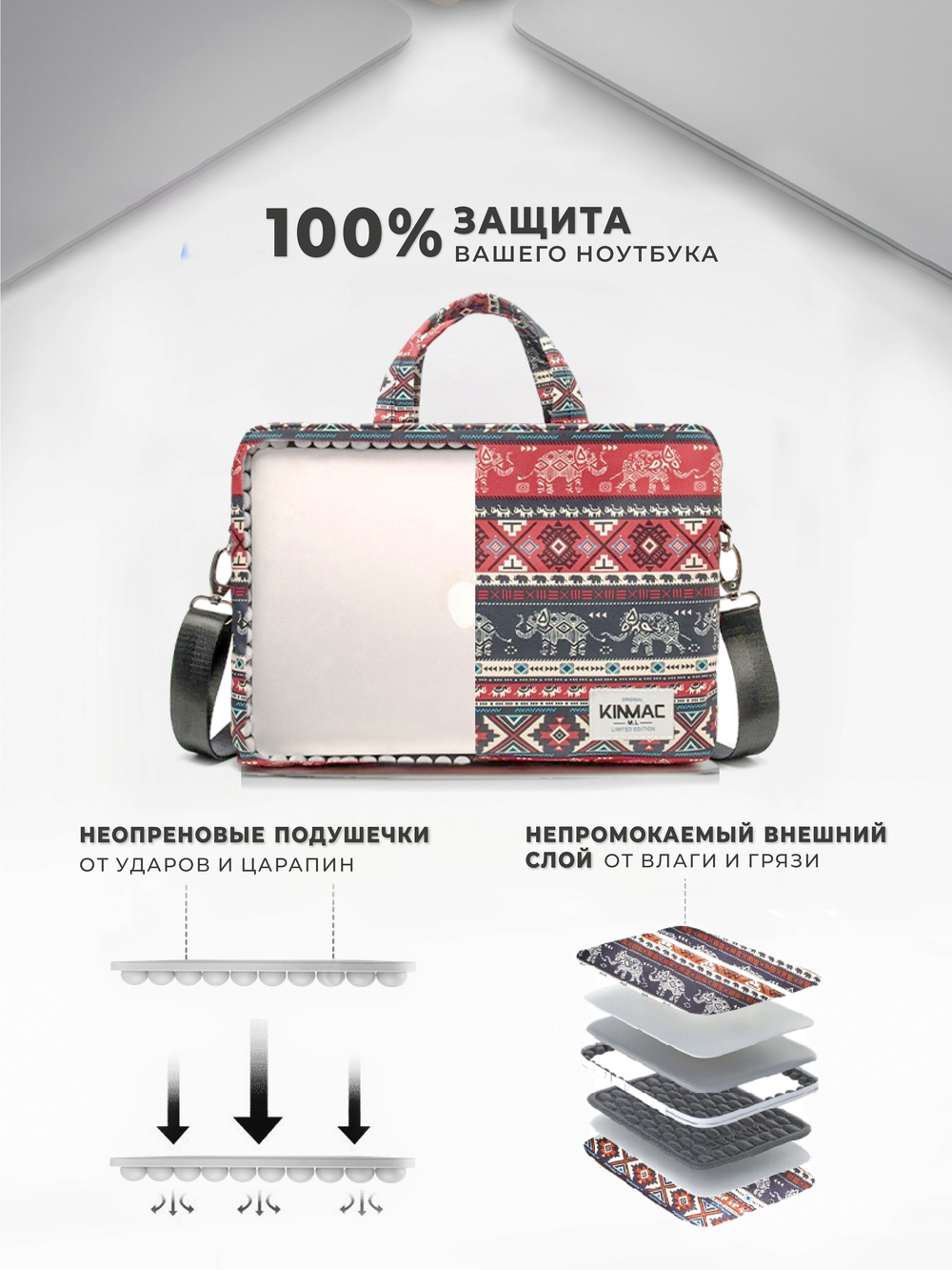 Сумка для ноутбука 15,6" и 17" с ремнем на плечо и 3 отделениями (Бохо слоны)