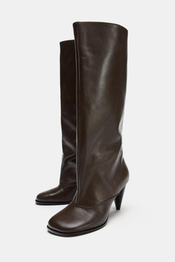 ZARA КОЖАНЫЕ САПОГИ НА КАБЛУКЕ, КОРИЧНЕВЫЙ