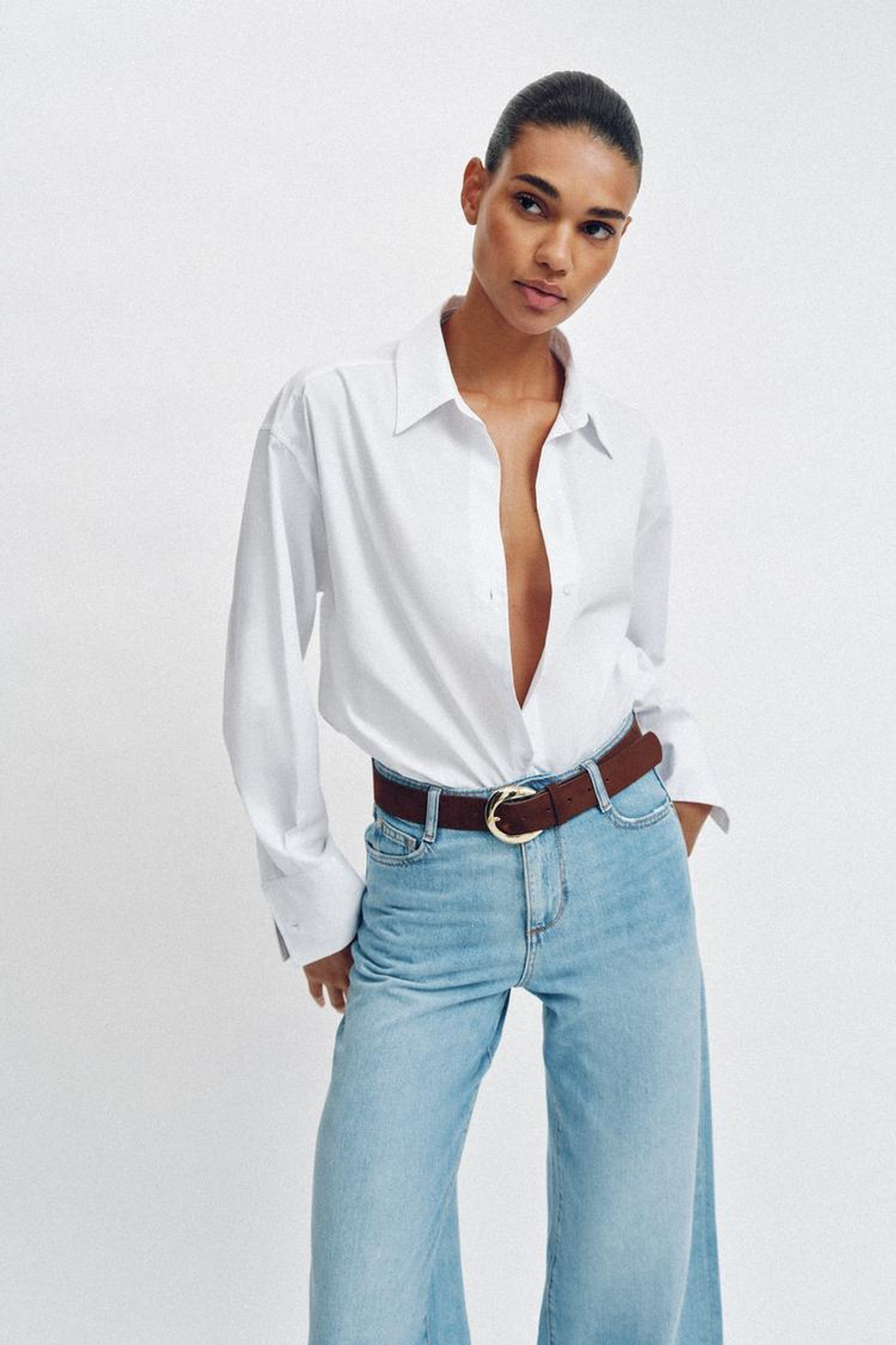 ZARA ДЖИНСЫ WIDE LEG УКОРОЧЕННЫЕ С ВЫСОКОЙ ПОСАДКОЙ И РЕМНЕМ, ГОЛУБОЙ