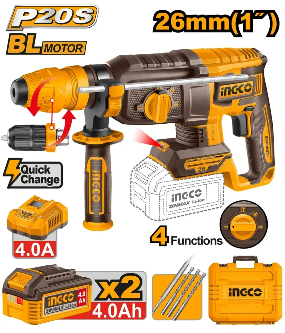 Аккумуляторный перфоратор BL 20В, 2,5Дж, 2хАКБ 4Ач и ЗУ SUPER INGCO CRHLI202689 INDUSTRIAL